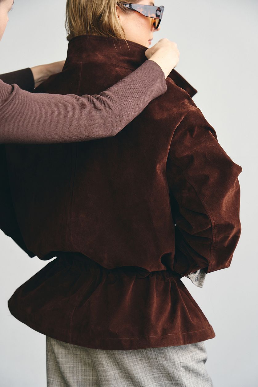Waist Detail Faux Suede Jacket - Brown