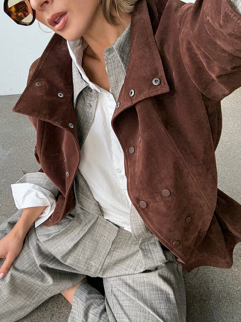 Waist Detail Faux Suede Jacket - Brown