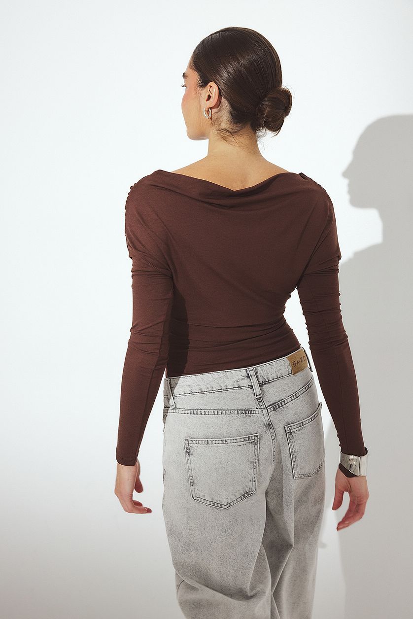 Soft Line Long Sleeve Draped Top - Dark Brown