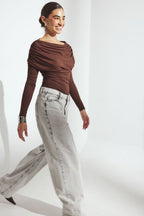 Soft Line Long Sleeve Draped Top - Dark Brown
