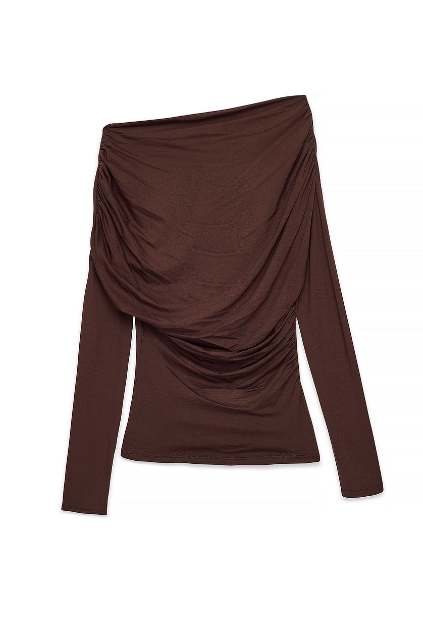Soft Line Long Sleeve Draped Top - Dark Brown