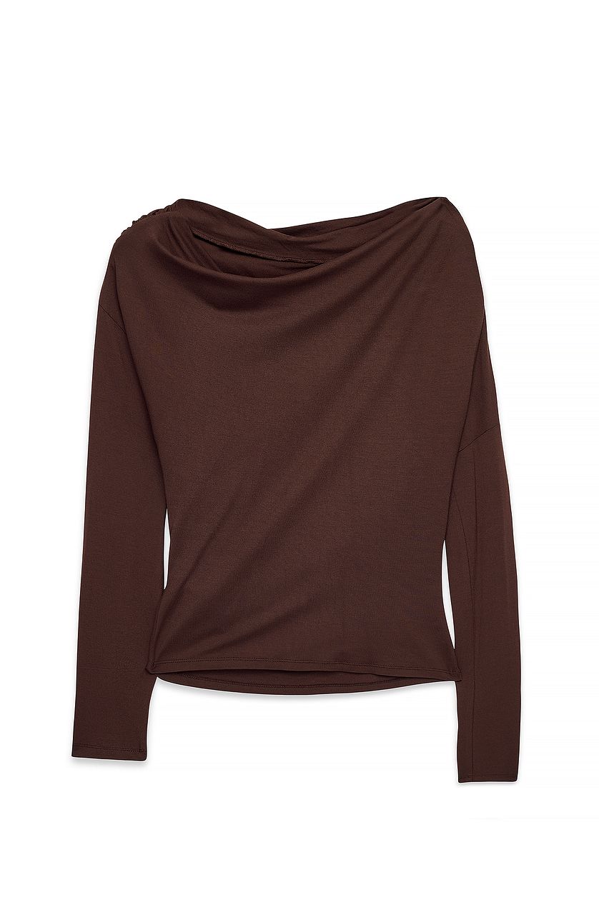 Soft Line Long Sleeve Draped Top - Dark Brown
