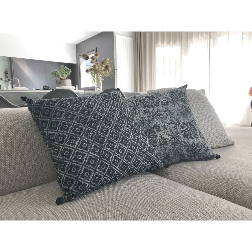 Melting Cushion In Printed Cotton - Blue And Black With Pompoms