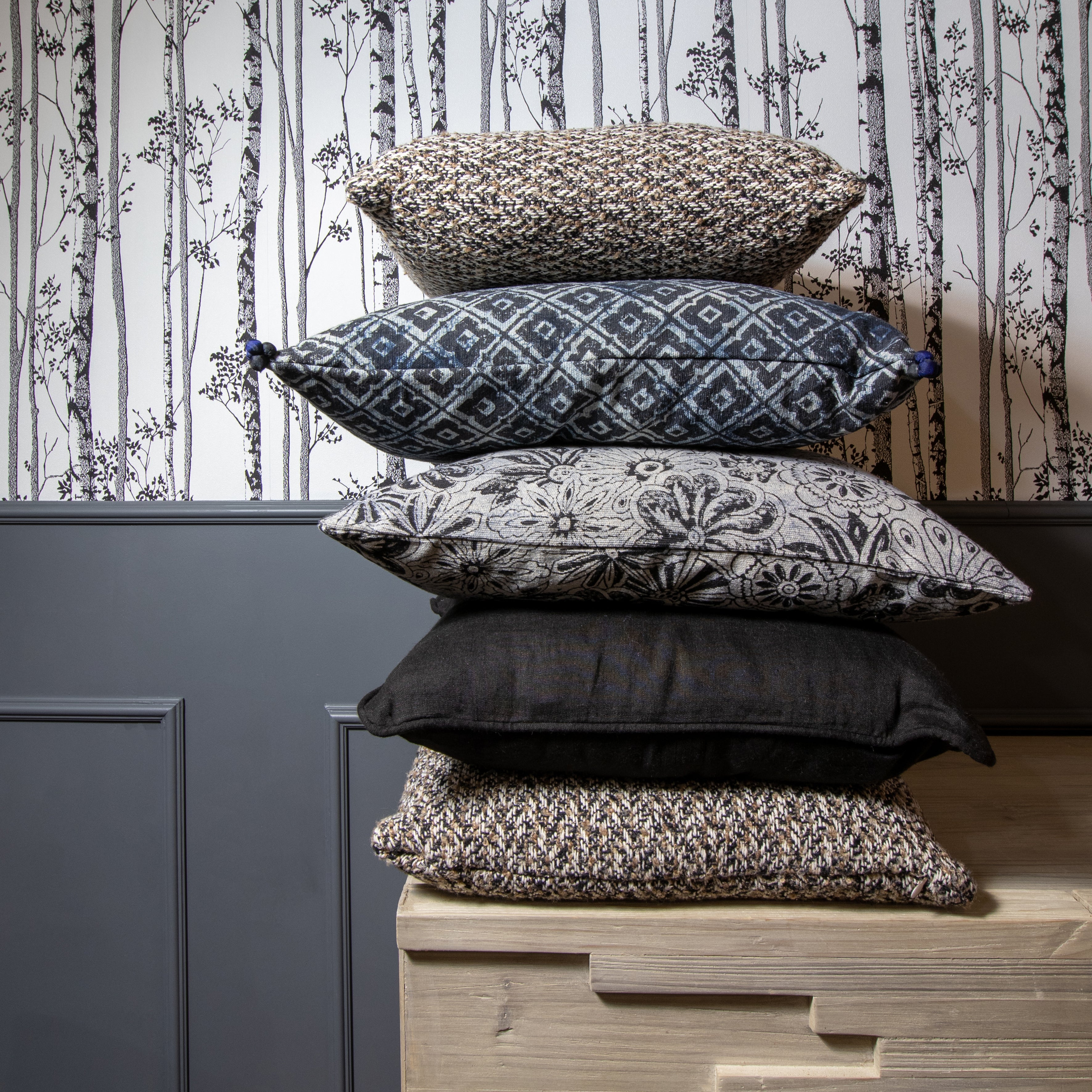 Melting Cushion In Printed Cotton - Blue And Black With Pompoms