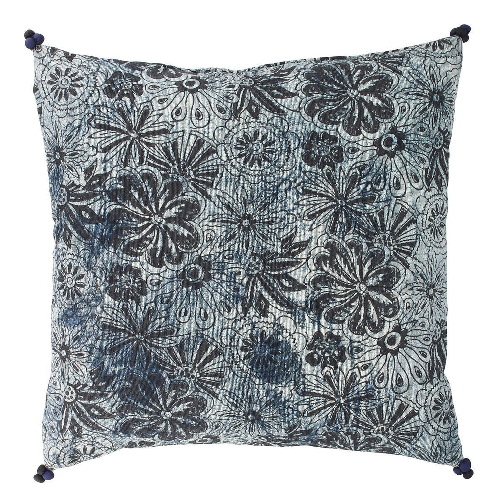 Melting Cushion In Printed Cotton - Blue And Black With Pompoms