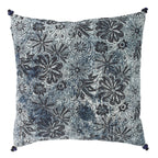 Melting Cushion In Printed Cotton - Blue And Black With Pompoms