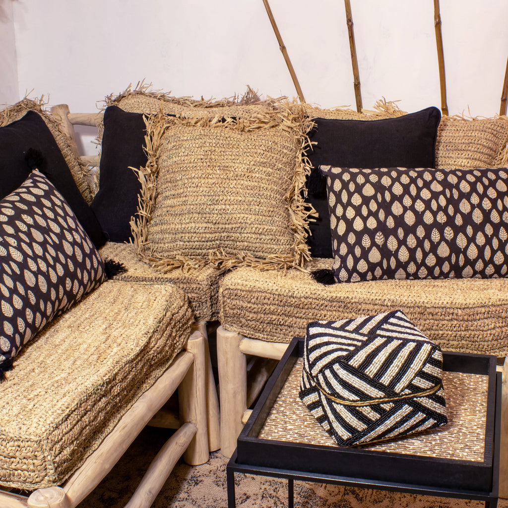 Syros Square Cushion In Natural Raffia With Fringes
