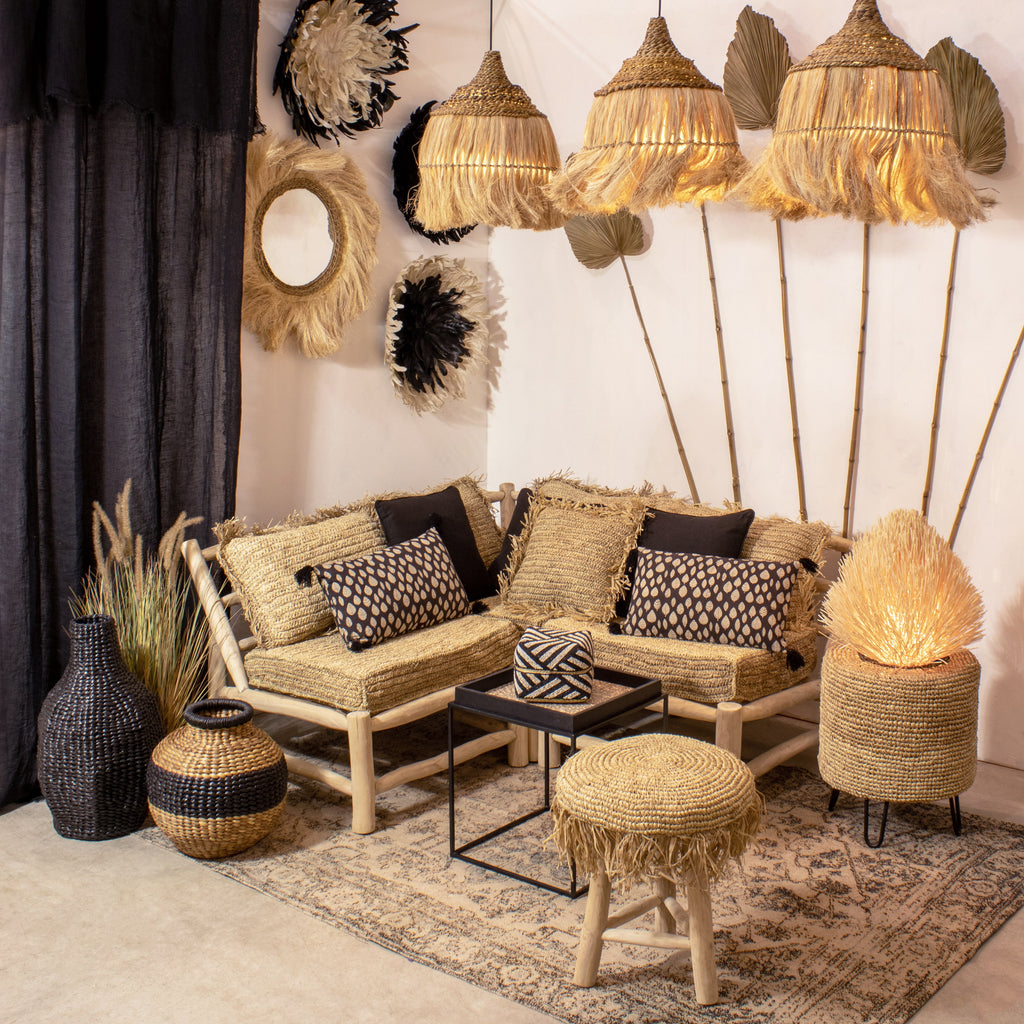 Syros Square Cushion In Natural Raffia With Fringes