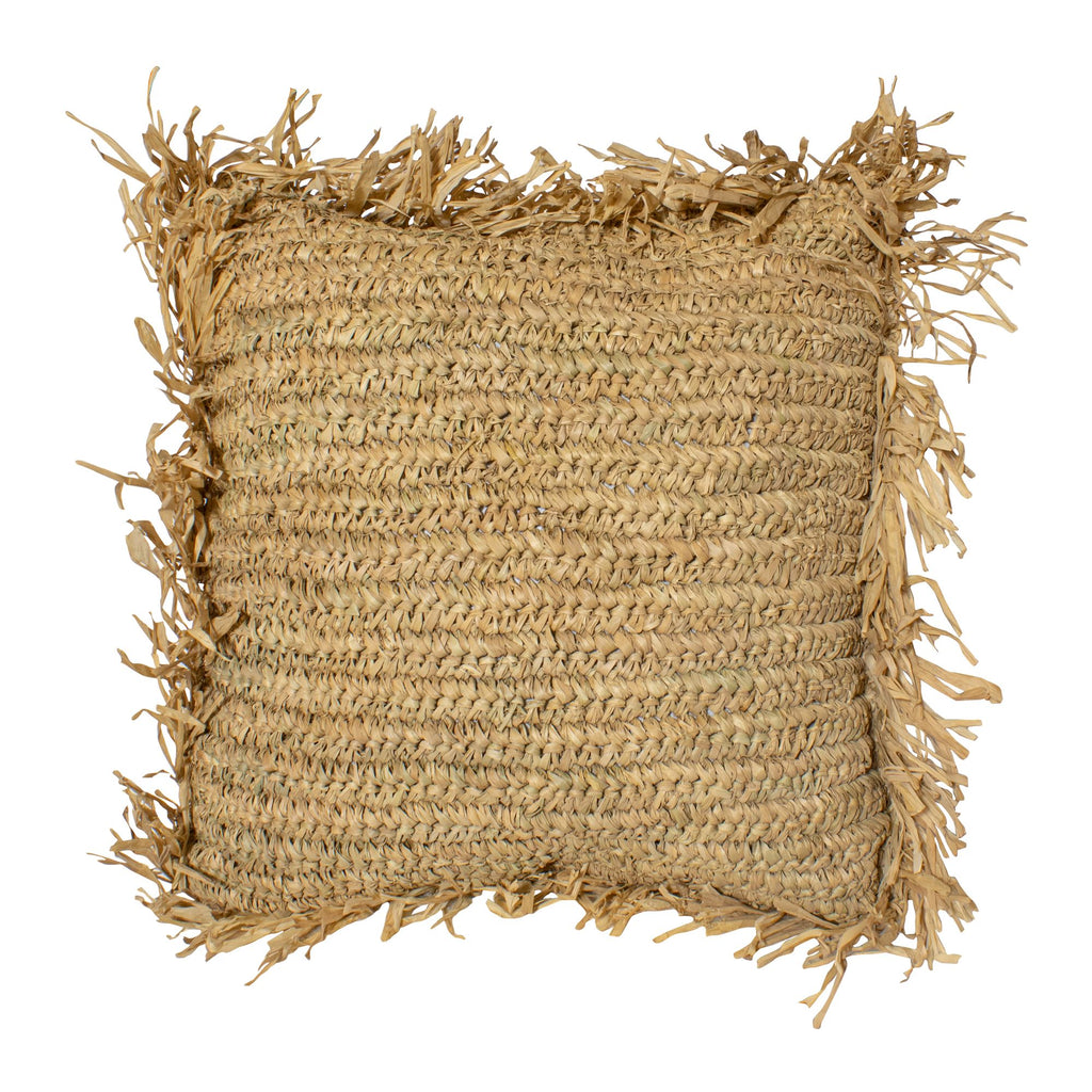 Syros Square Cushion In Natural Raffia With Fringes