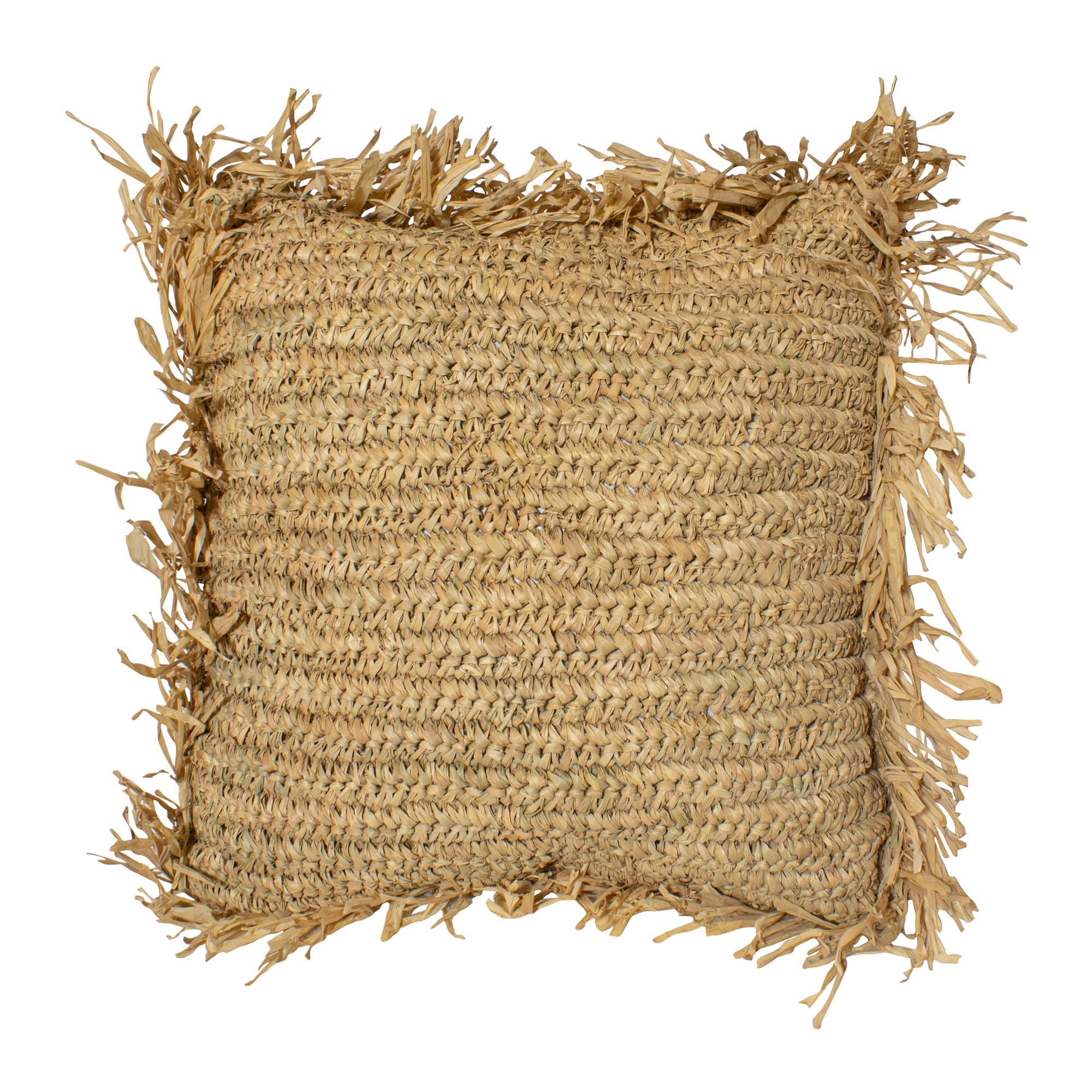 Syros Square Cushion In Natural Raffia With Fringes