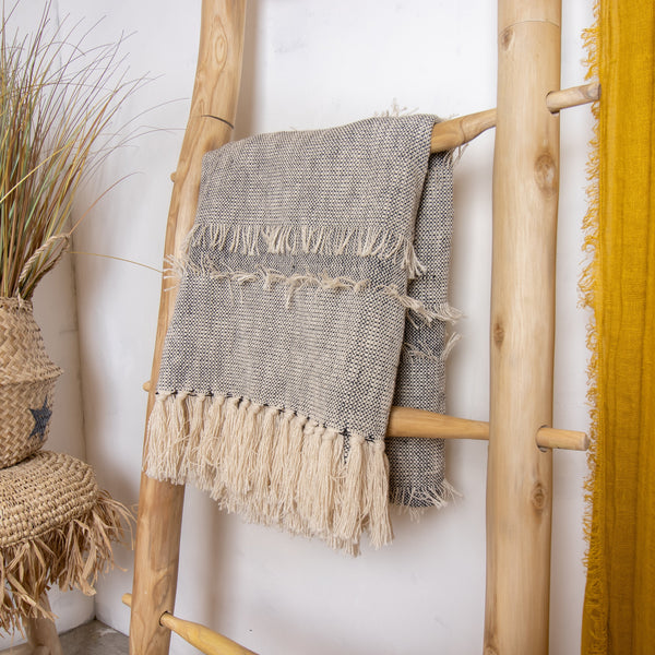 Cuadros Sherpa de Algodón - Beige y Negro Moteado Con Flecos