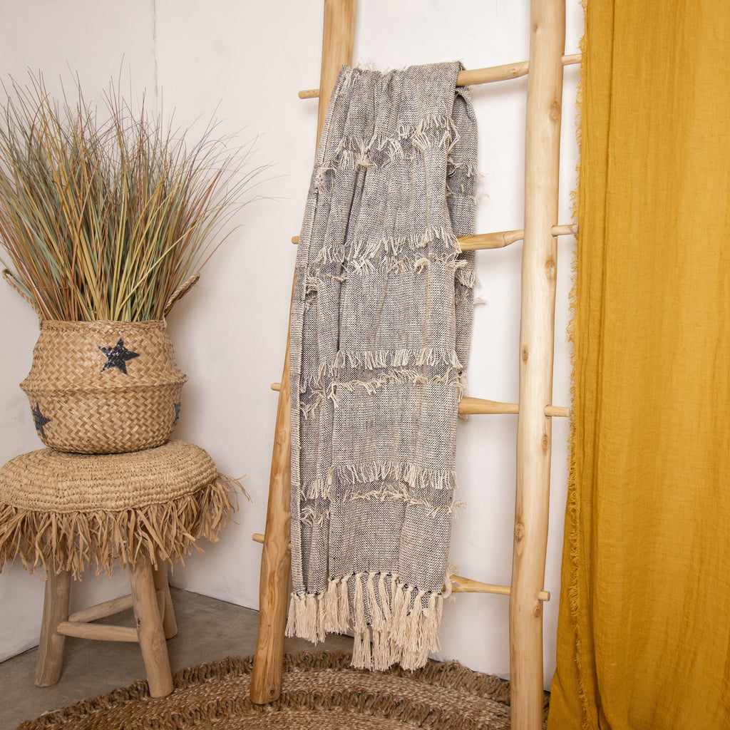 Cuadros Sherpa de Algodón - Beige y Negro Moteado Con Flecos