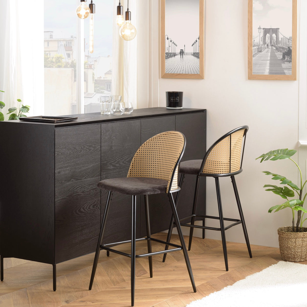 Set of 2 Stools - Lea - Light Wood/Black