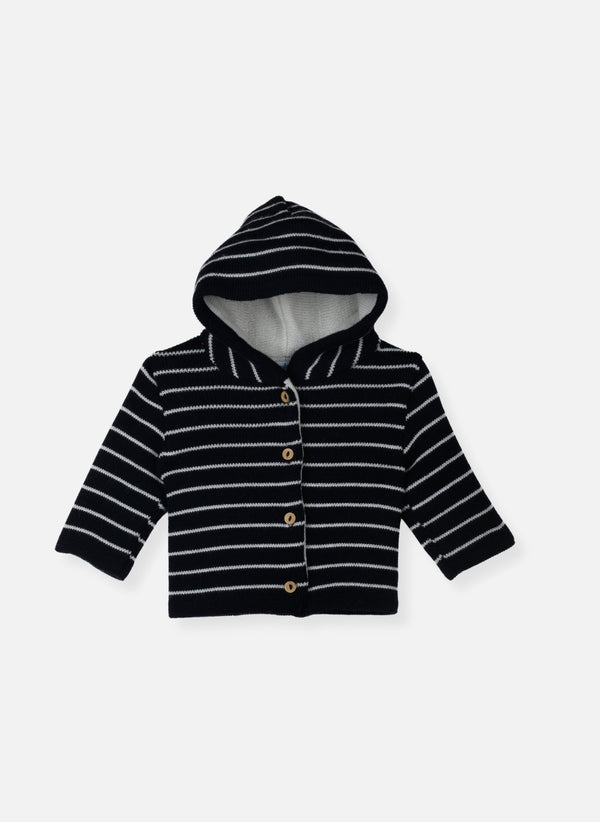 La Manufacture De Layette – Płaszczyk z mieszanki wełny Petits Marins – Granat w paski ecru, czarno-biały sweterek w paski z kapturem i drewnianymi guzikami