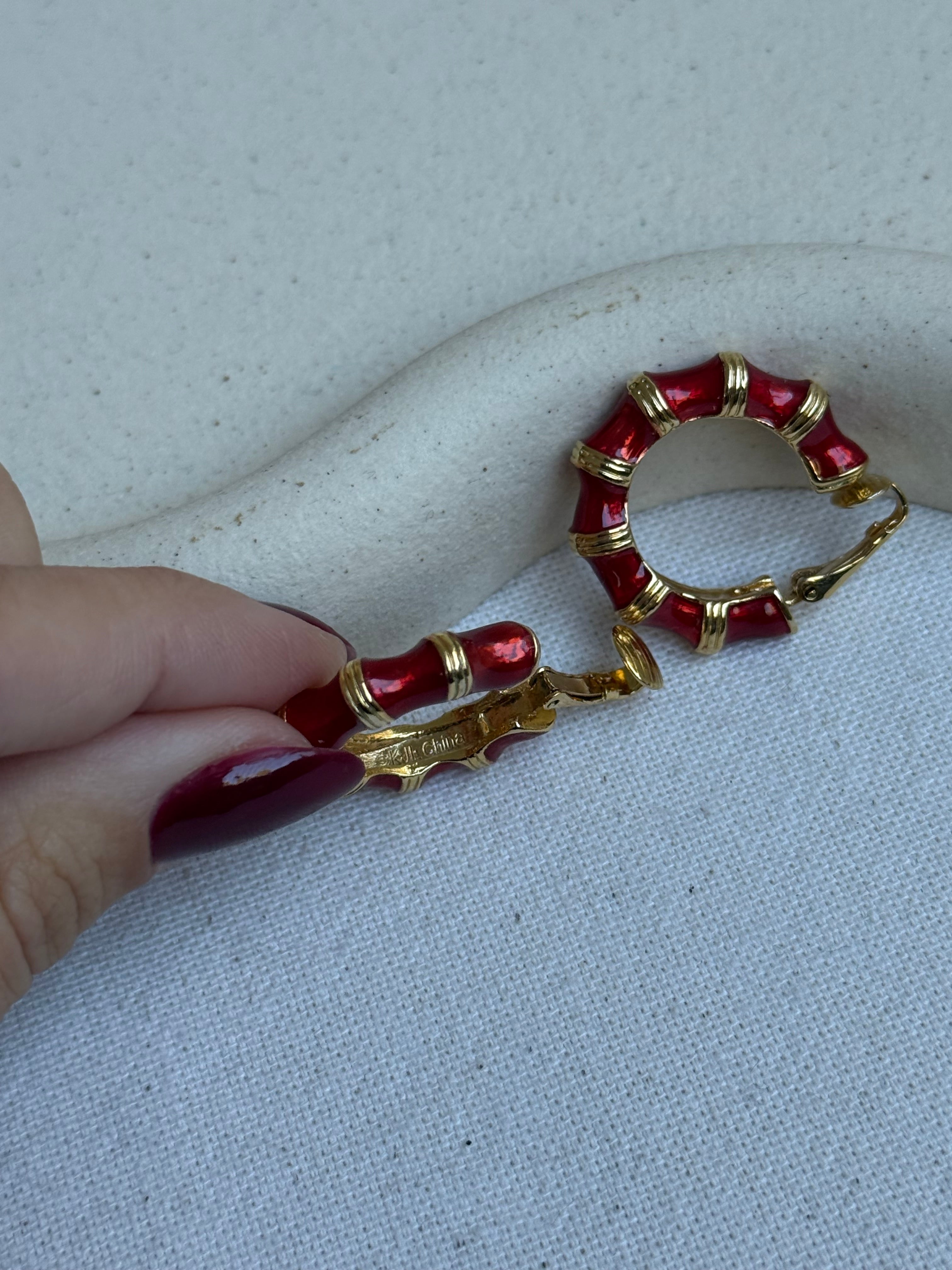 Boucles D’Oreilles Kenneth Jay Lane Vintage - Créoles Effet Bambou Rouge Et Doré