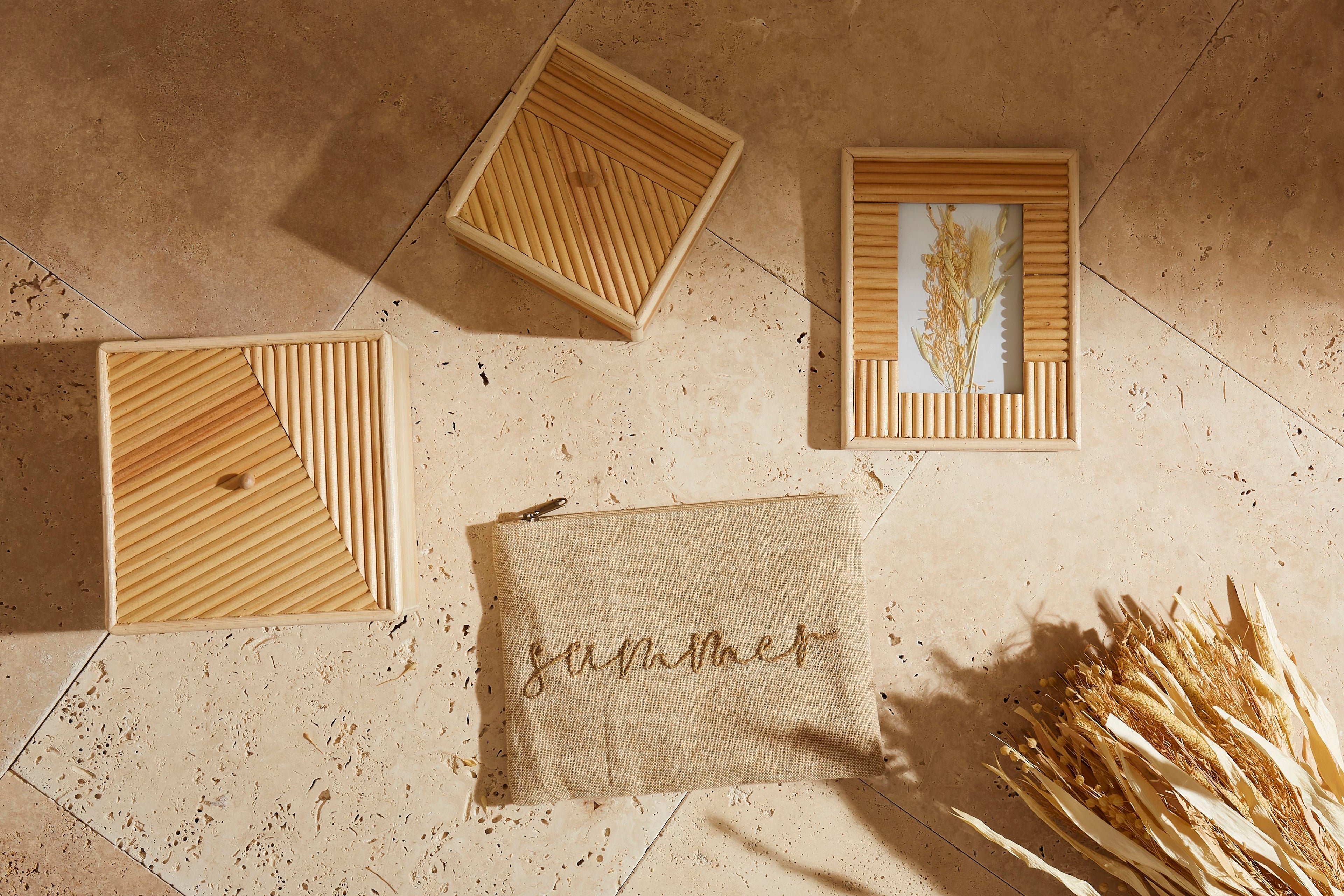 Juego De 2 Cajas - Arena Azul - Pino + Mdf + Rattan - Natural