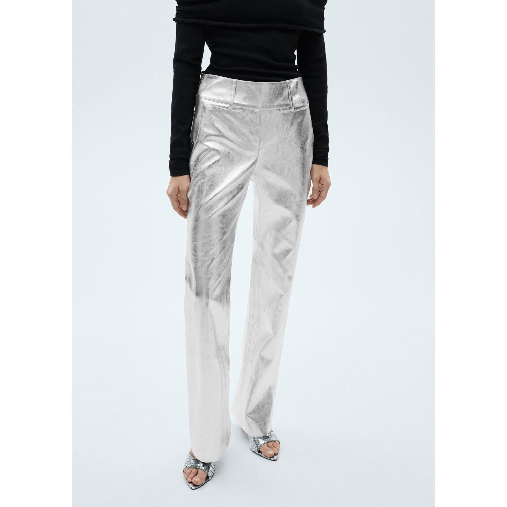 Metallic Straight-Leg Trousers - Silver