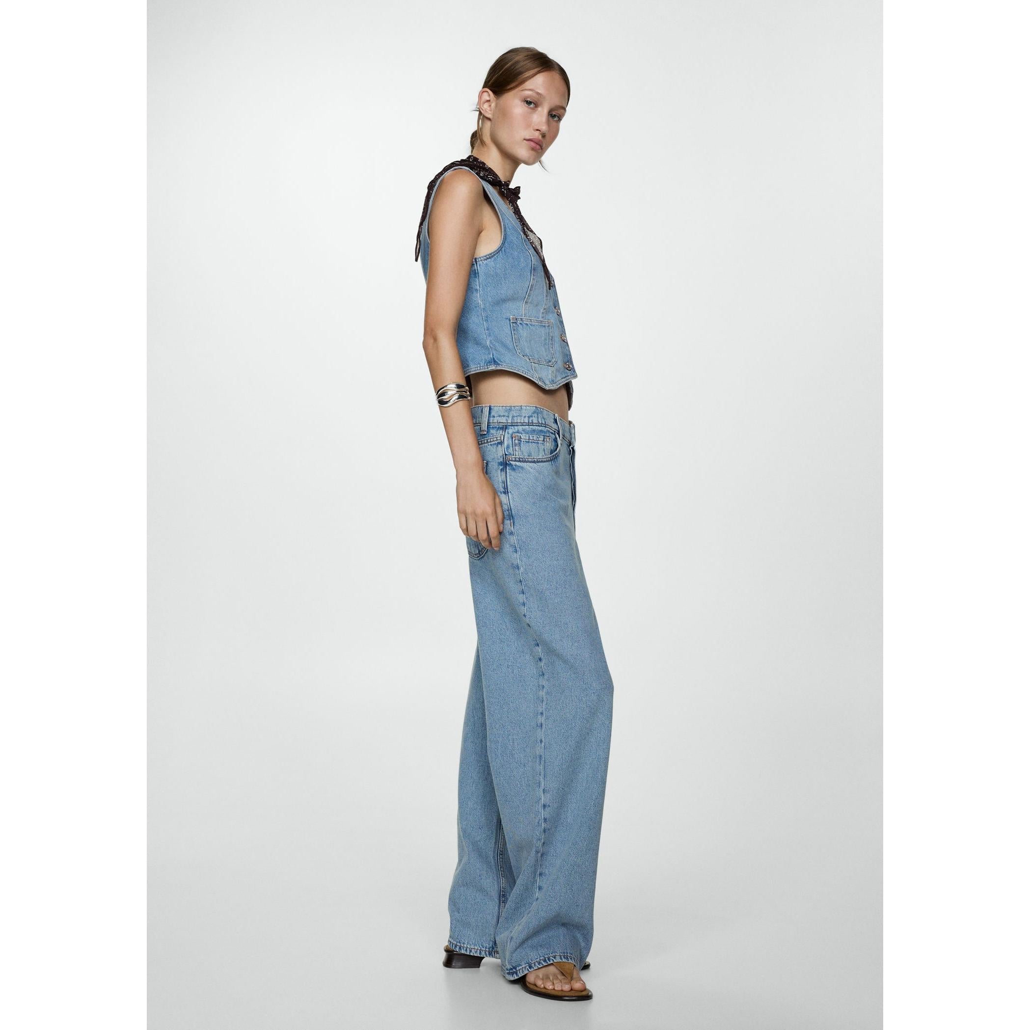 Jeans Anchos Sueltos De Cintura Baja - Azul Medio