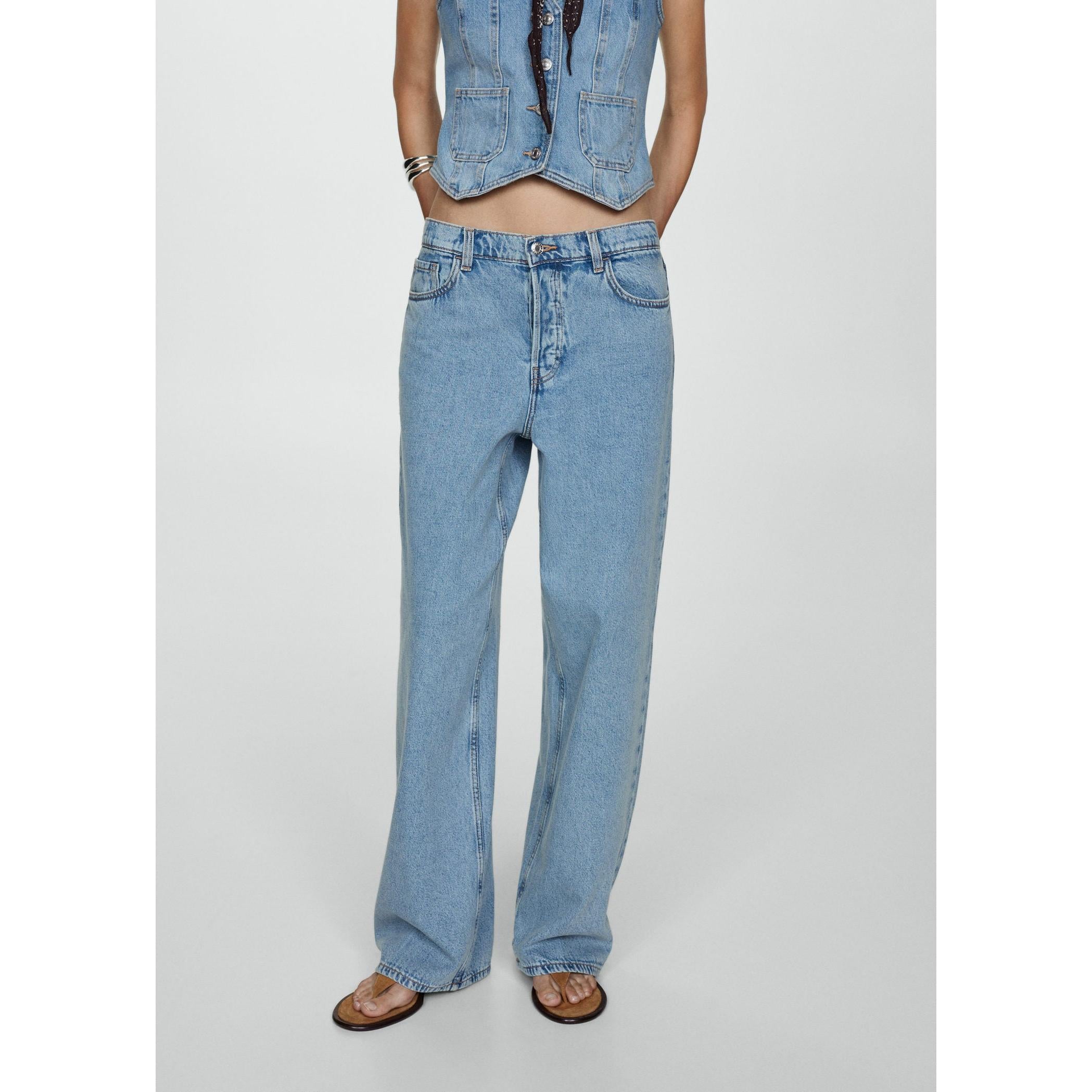 Jeans Anchos Sueltos De Cintura Baja - Azul Medio
