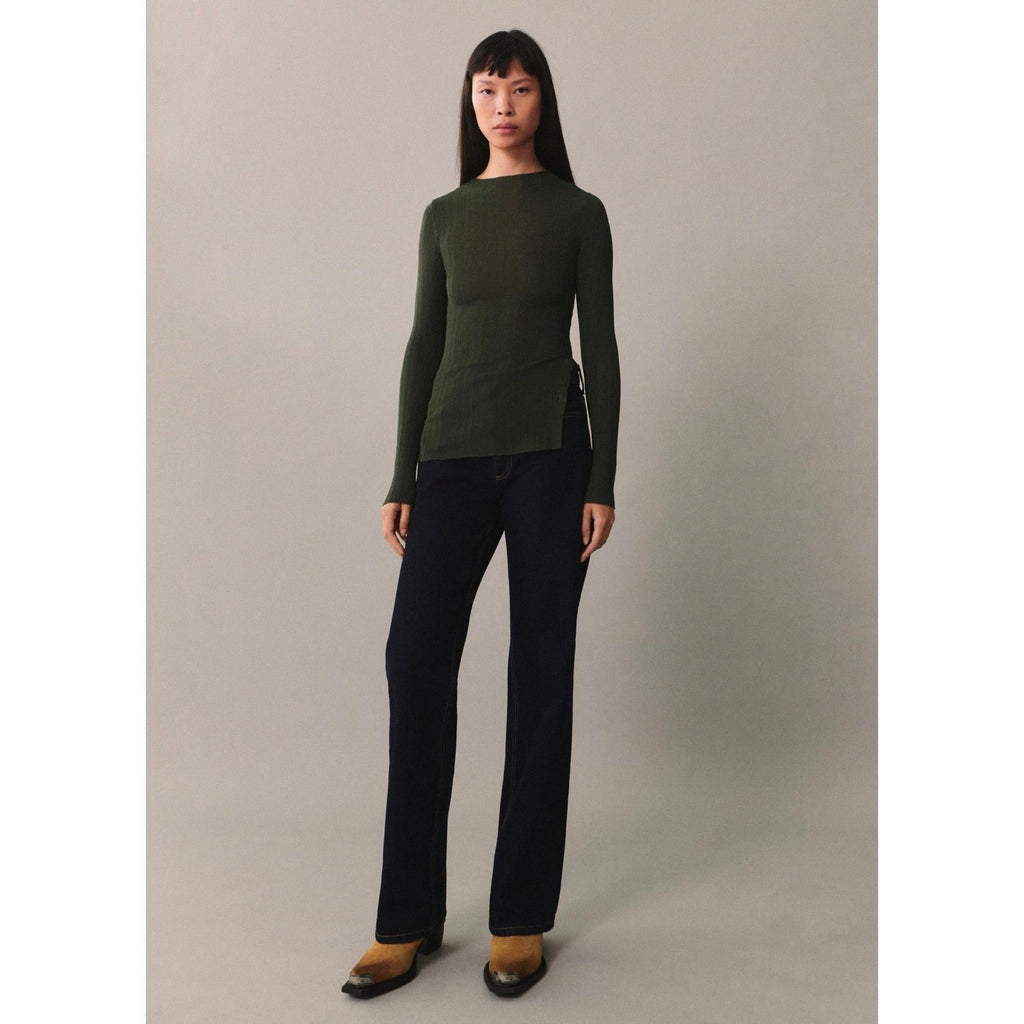 Semi-Transparent Button T-Shirt - Dark Green