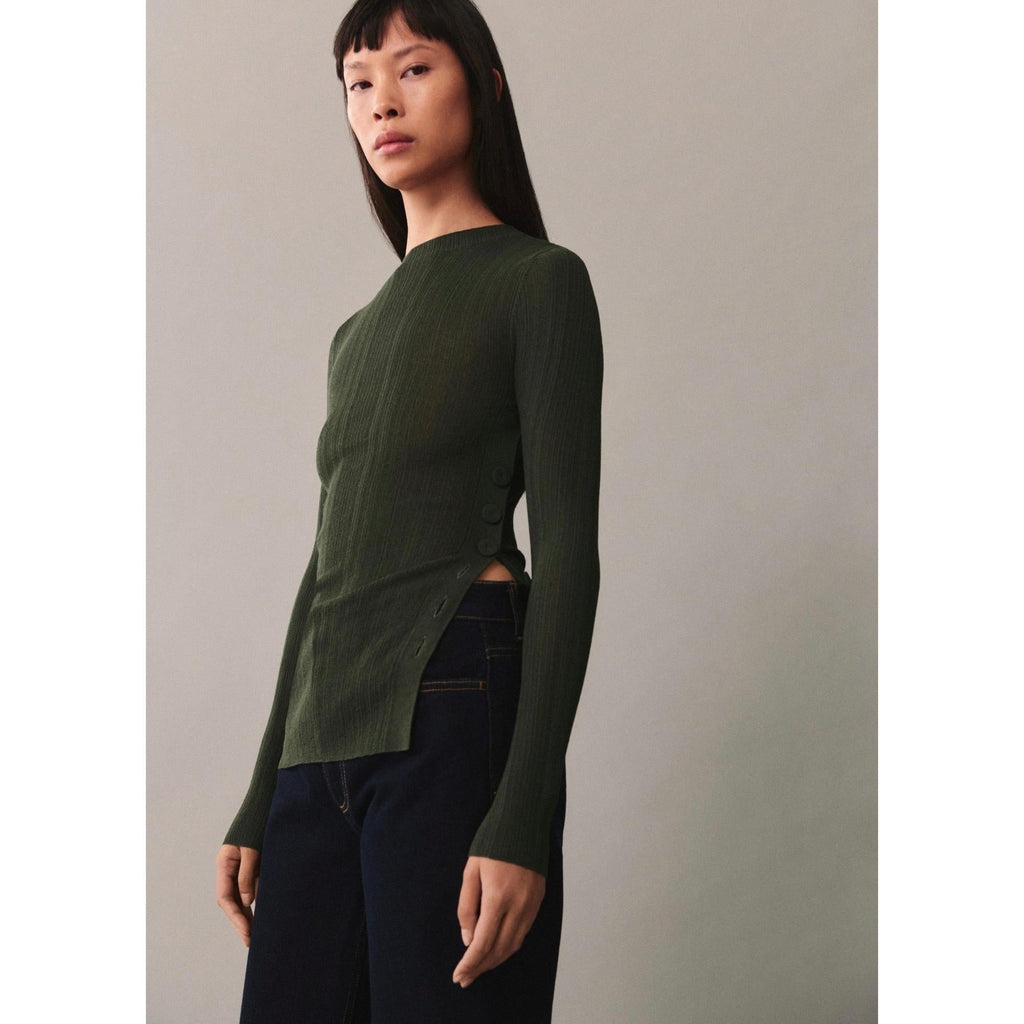 Semi-Transparent Button T-Shirt - Dark Green
