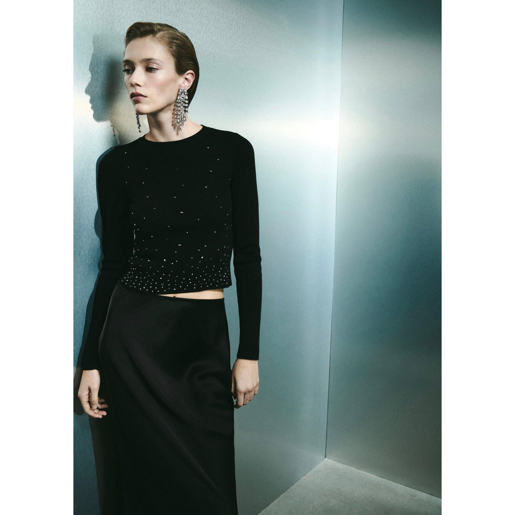 Rhinestone Crop Pullover - Black