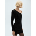Rhinestone Asymmetrical Dress - Black