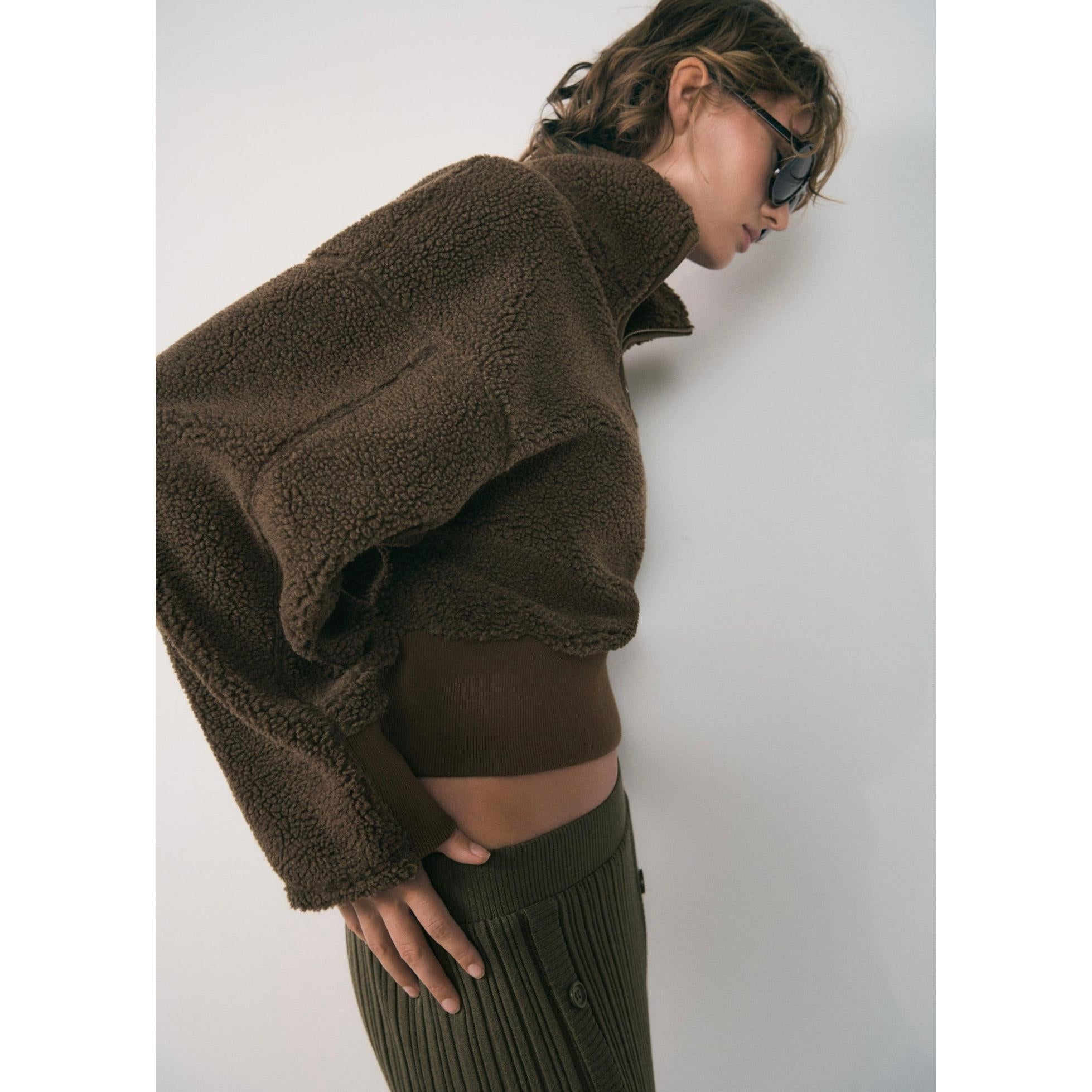 Sudadera con cremallera y efecto borreguito - Caqui