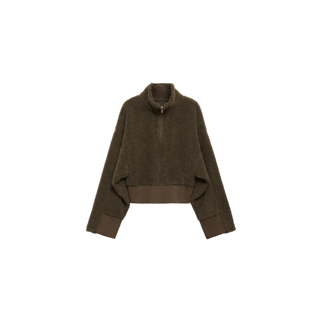 Sudadera con cremallera y efecto borreguito - Caqui