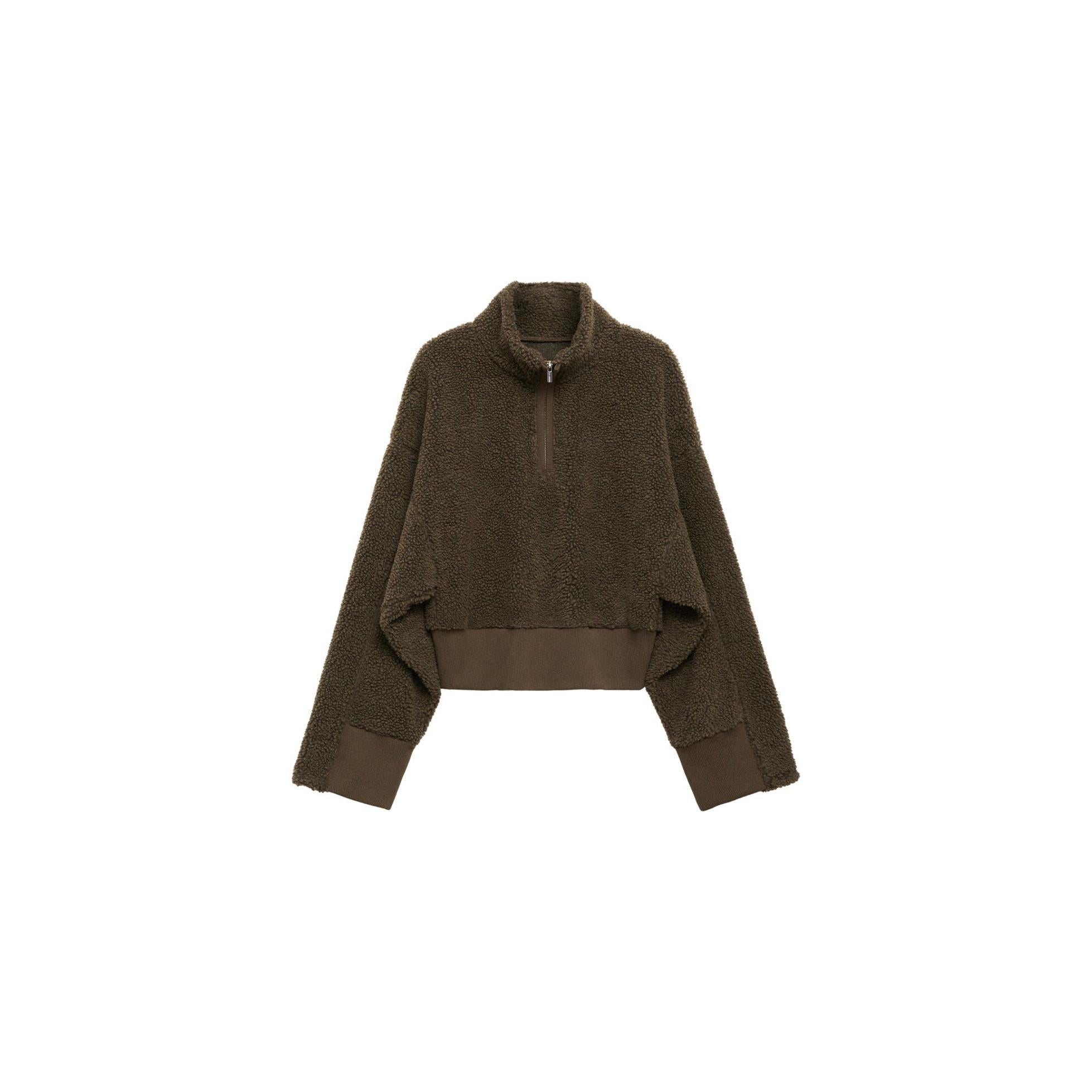 Sudadera con cremallera y efecto borreguito - Caqui