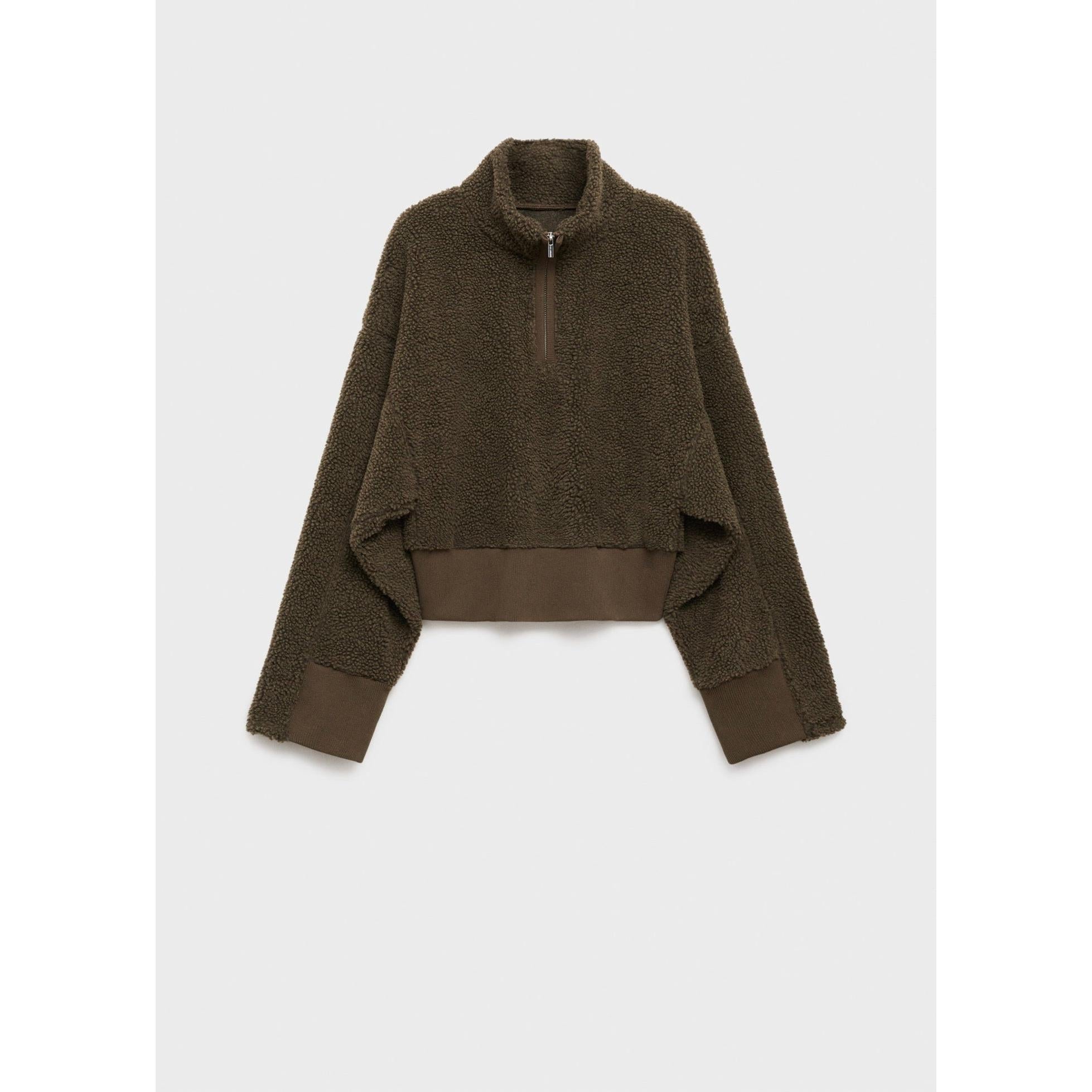 Sudadera con cremallera y efecto borreguito - Caqui