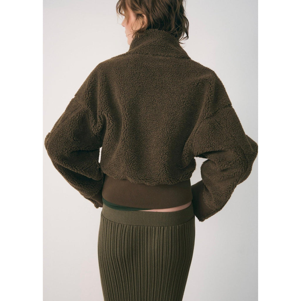 Sudadera con cremallera y efecto borreguito - Caqui