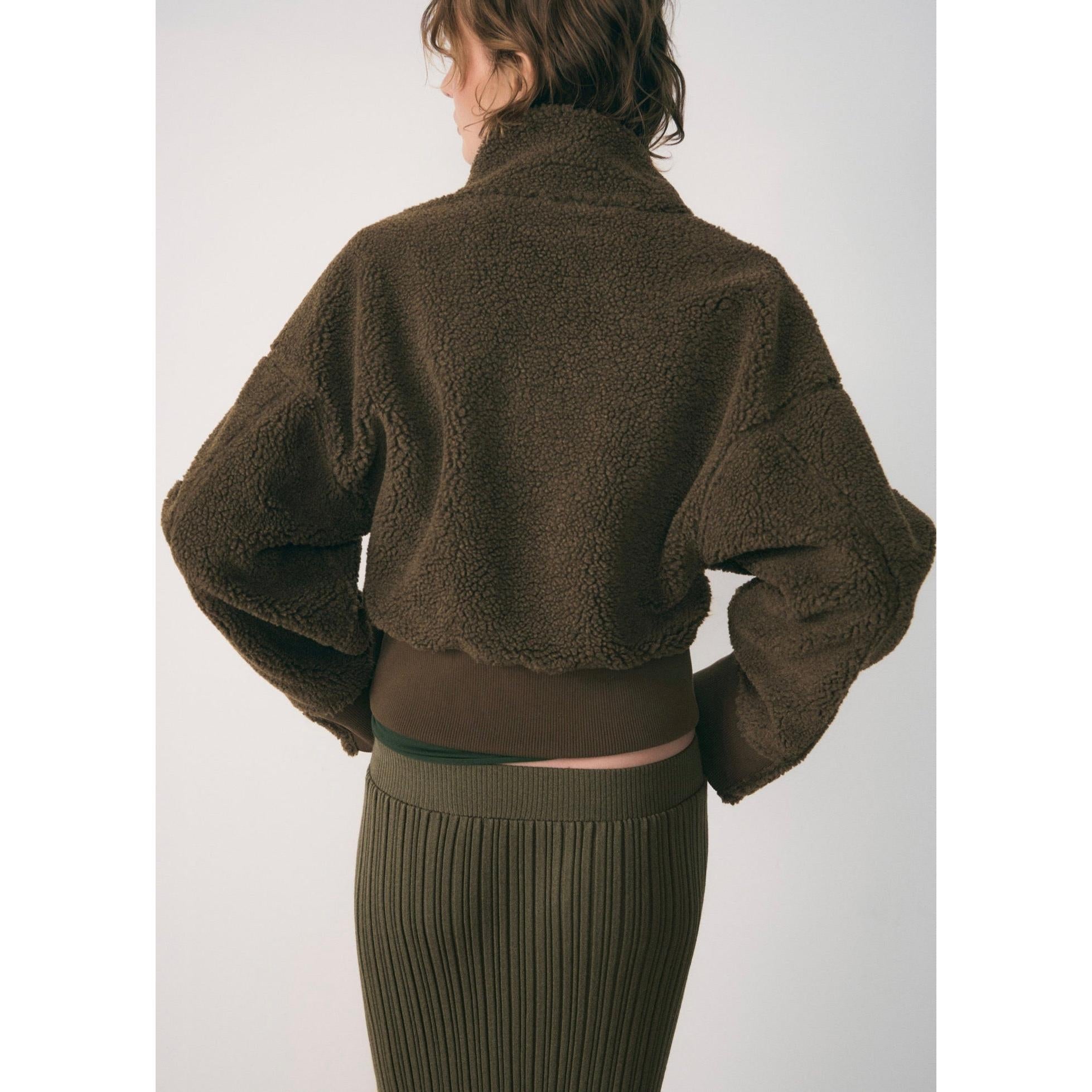 Sudadera con cremallera y efecto borreguito - Caqui