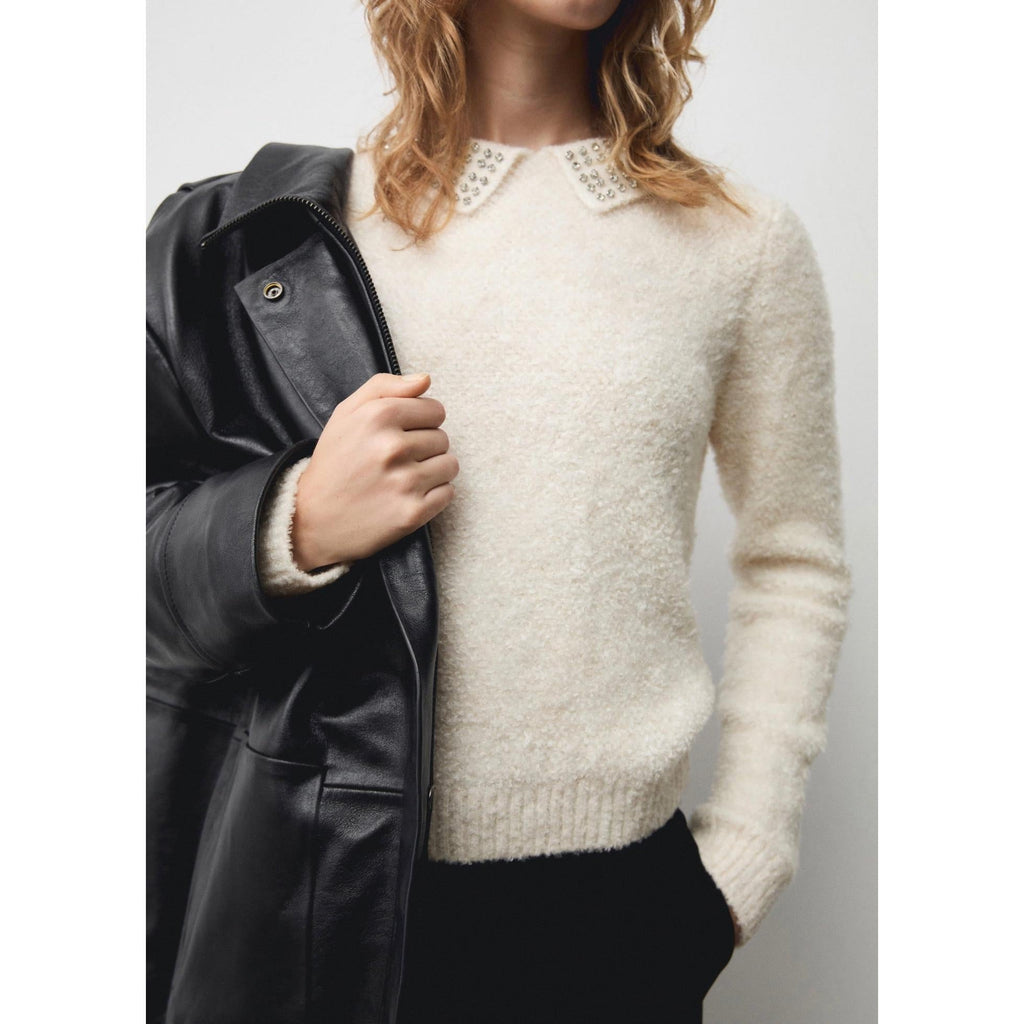 Strass Polo Collar Sweater - Ecru