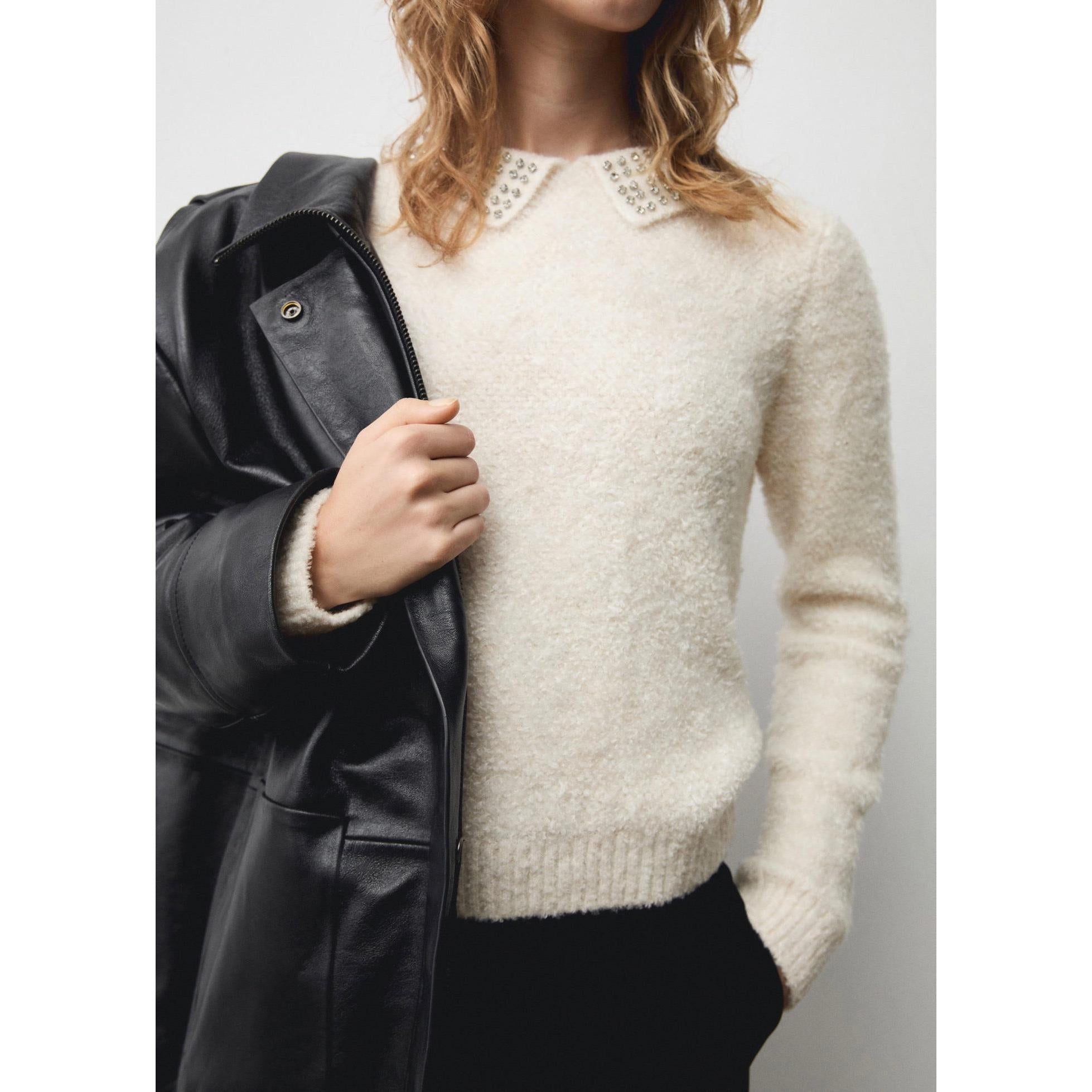 Strass Polo Collar Sweater - Ecru