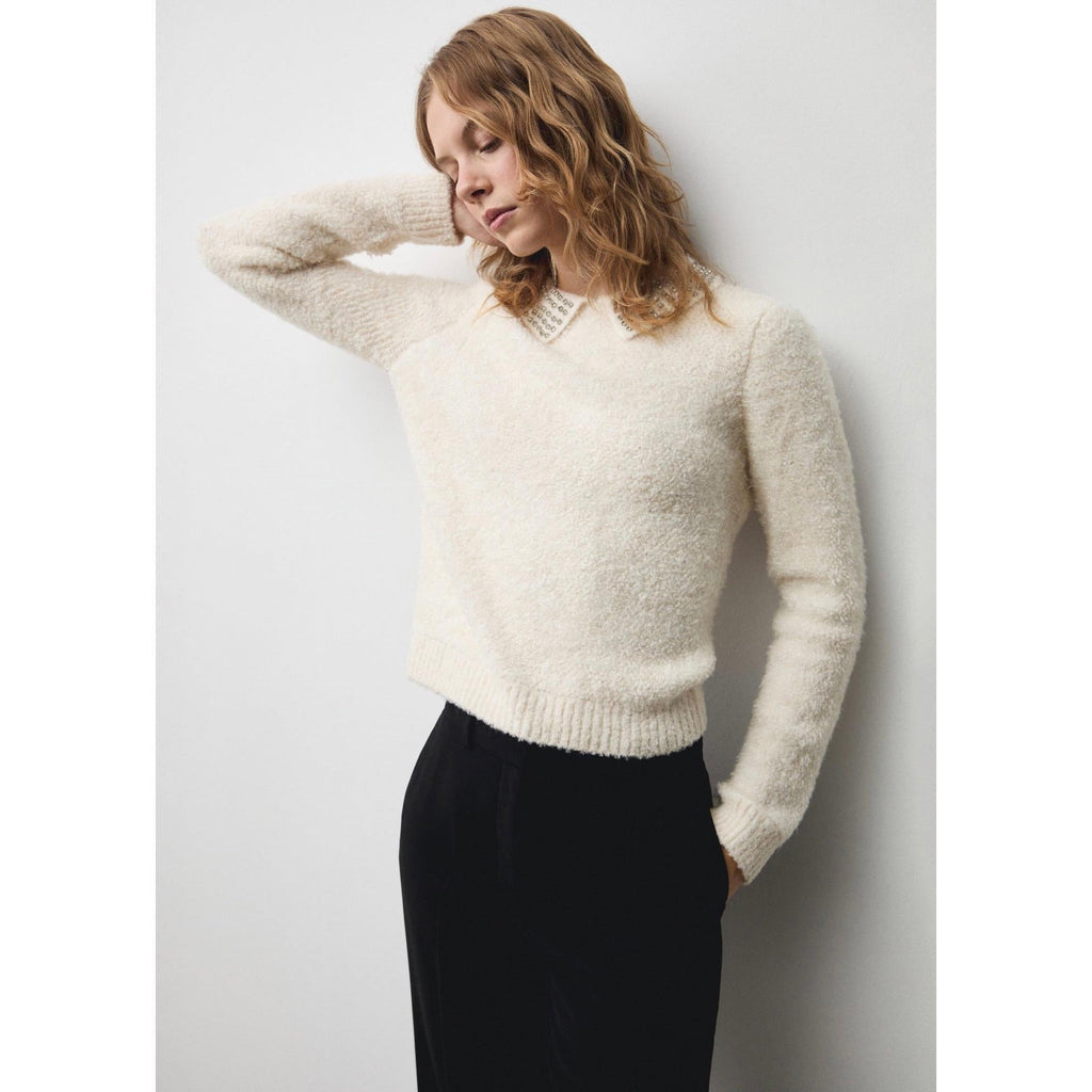 Strass Polo Collar Sweater - Ecru