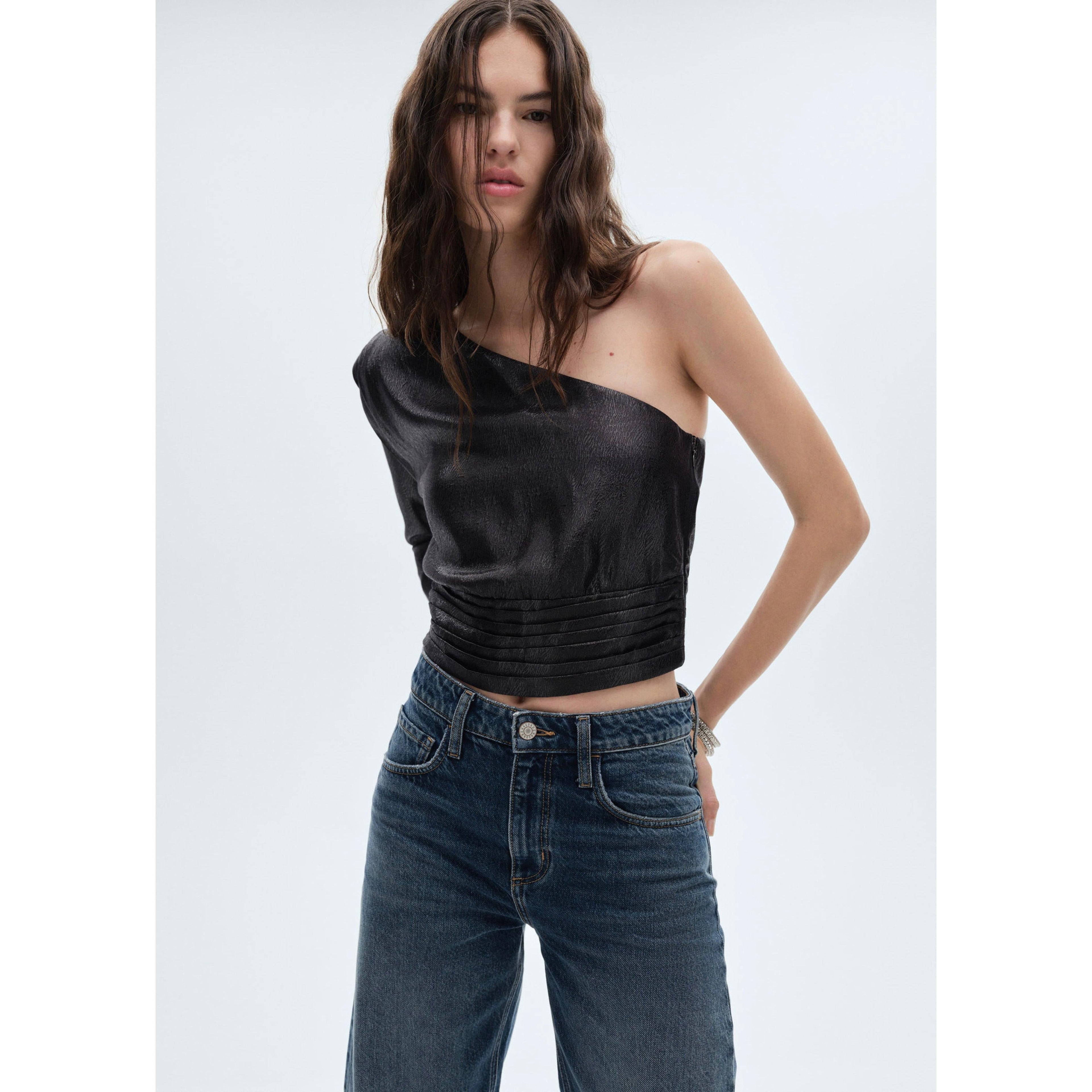 Blouse Asymétrique Manches Bouffantes - Black