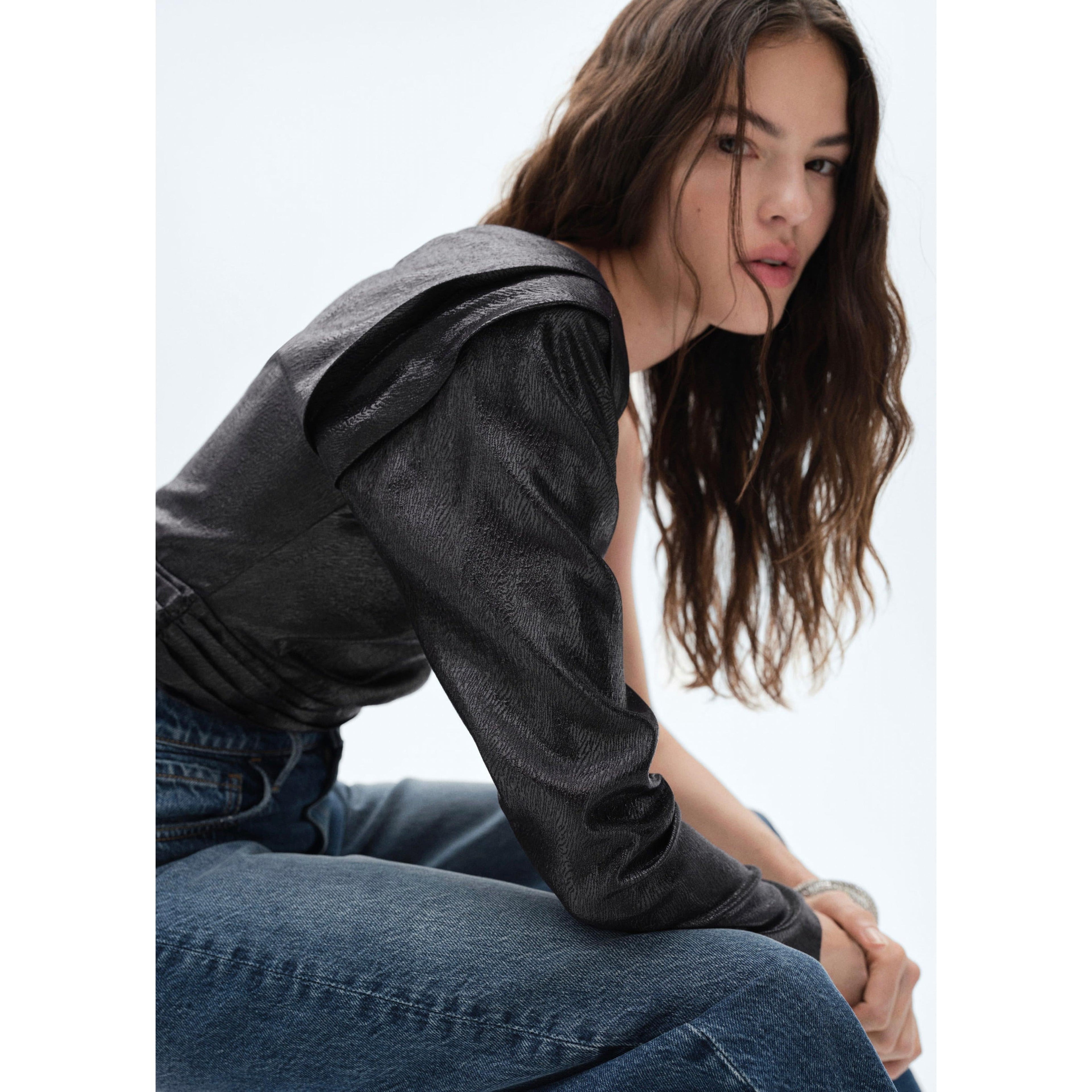 Blouse Asymétrique Manches Bouffantes - Black