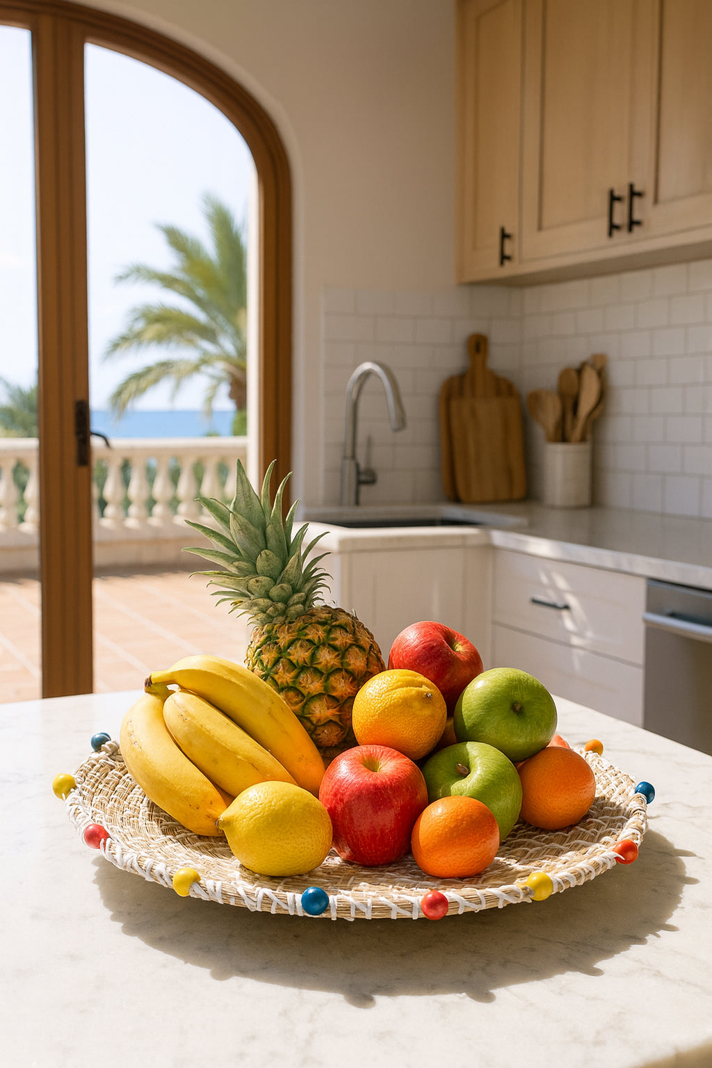 Milos - Decorative Basket In Seagrass And Wooden Beads
