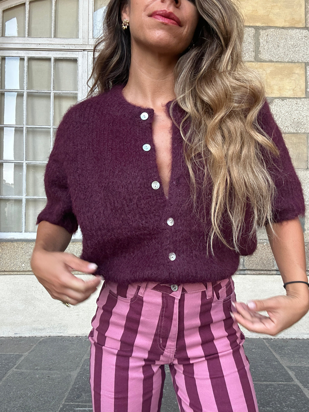 Jean à rayures Isabeau rose et bordeaux