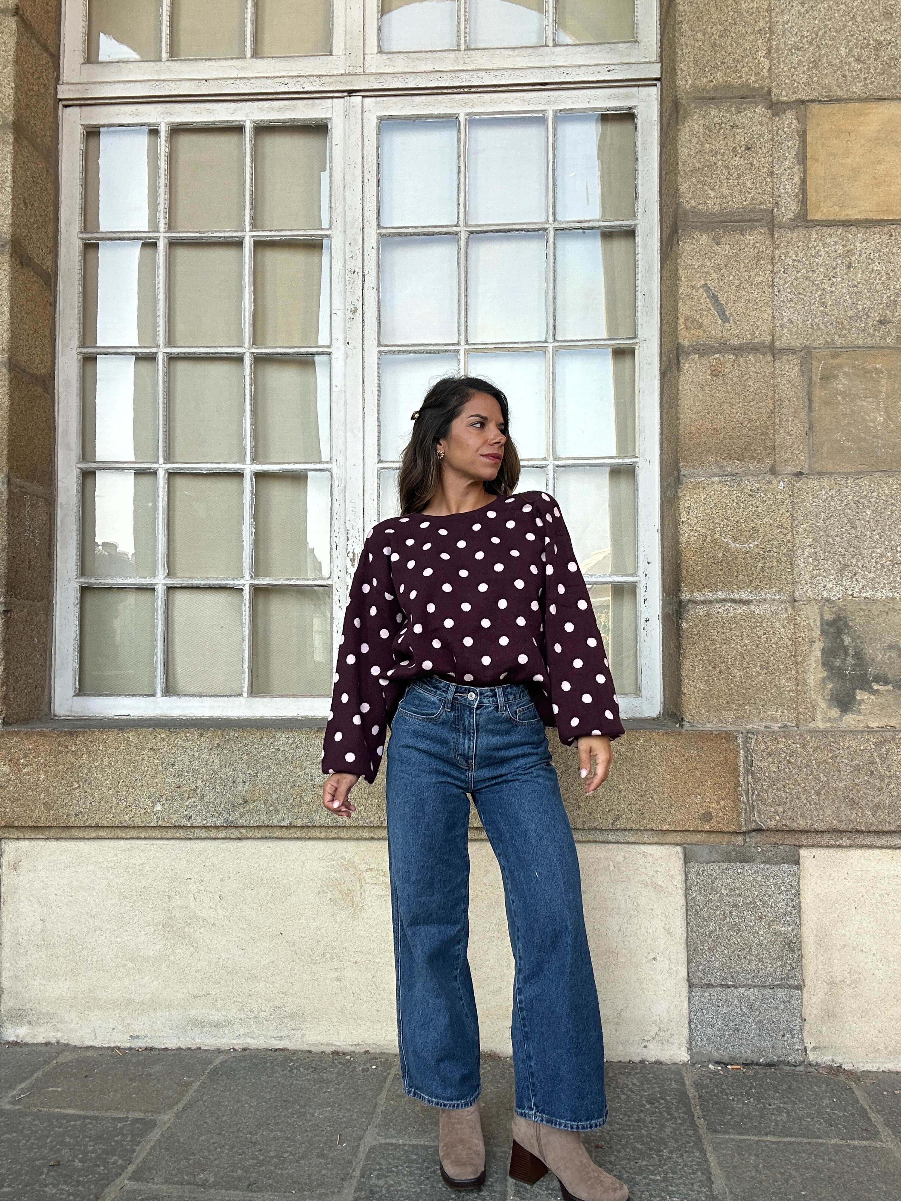 Pull à pois en laine Zélie bordeaux