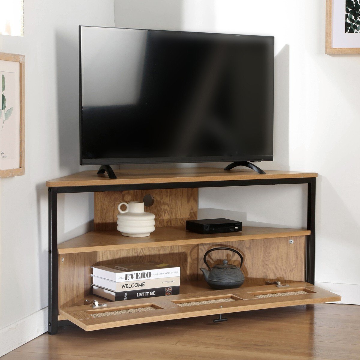 Jaya - Meuble Tv D'Angle 1 Porte Avec Cannage Rotin - Bois Clair