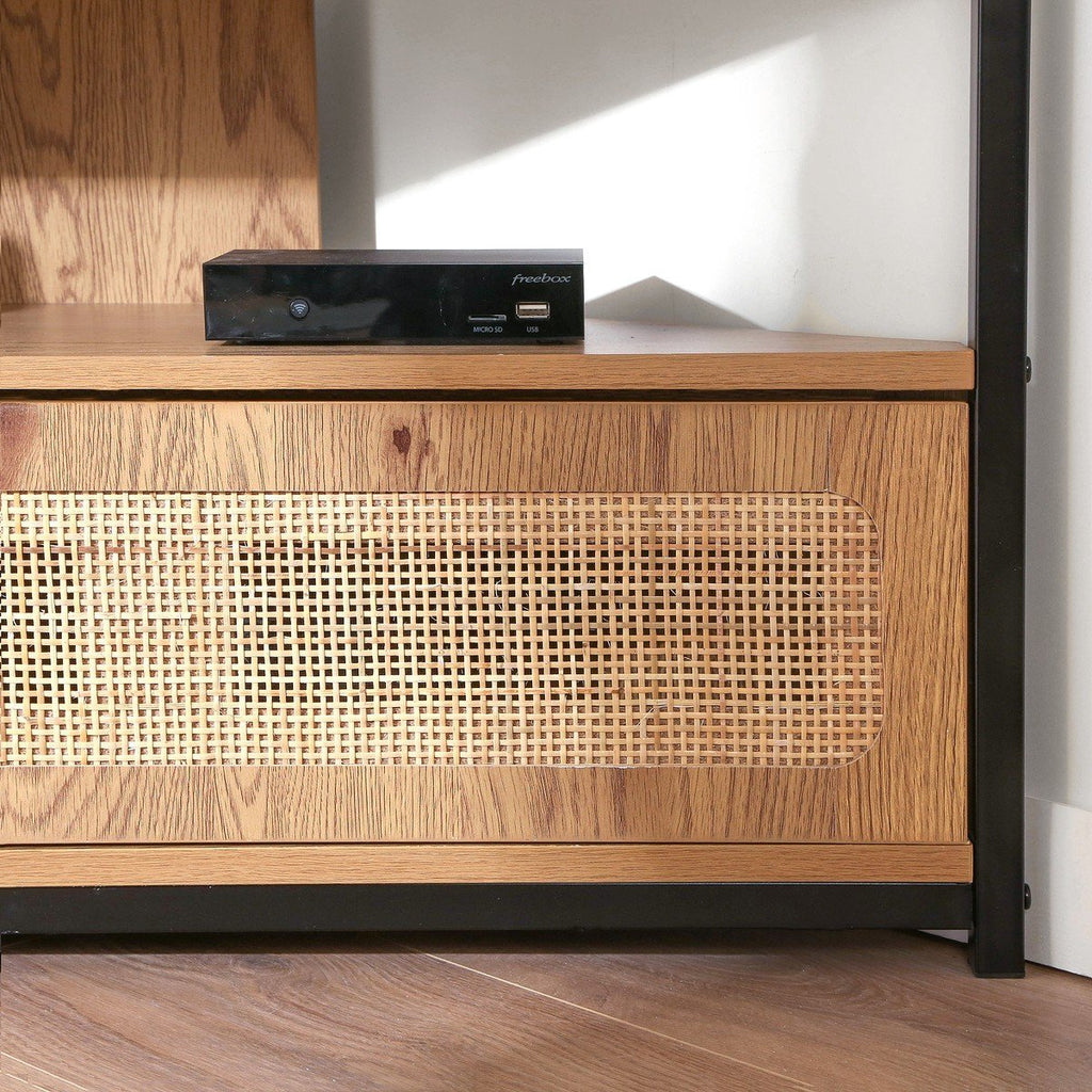 Jaya - Meuble Tv D'Angle 1 Porte Avec Cannage Rotin - Bois Clair