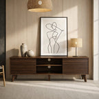 Friborg - Tv Unit Sliding Doors Grooved Wood Effect Fronts - Dark Wood