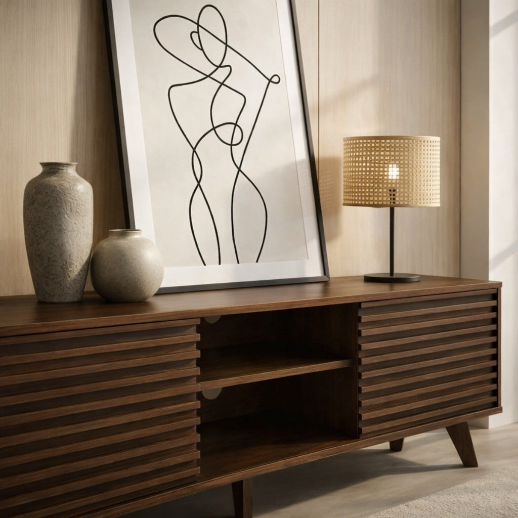 Friborg - Tv Unit Sliding Doors Grooved Wood Effect Fronts - Dark Wood