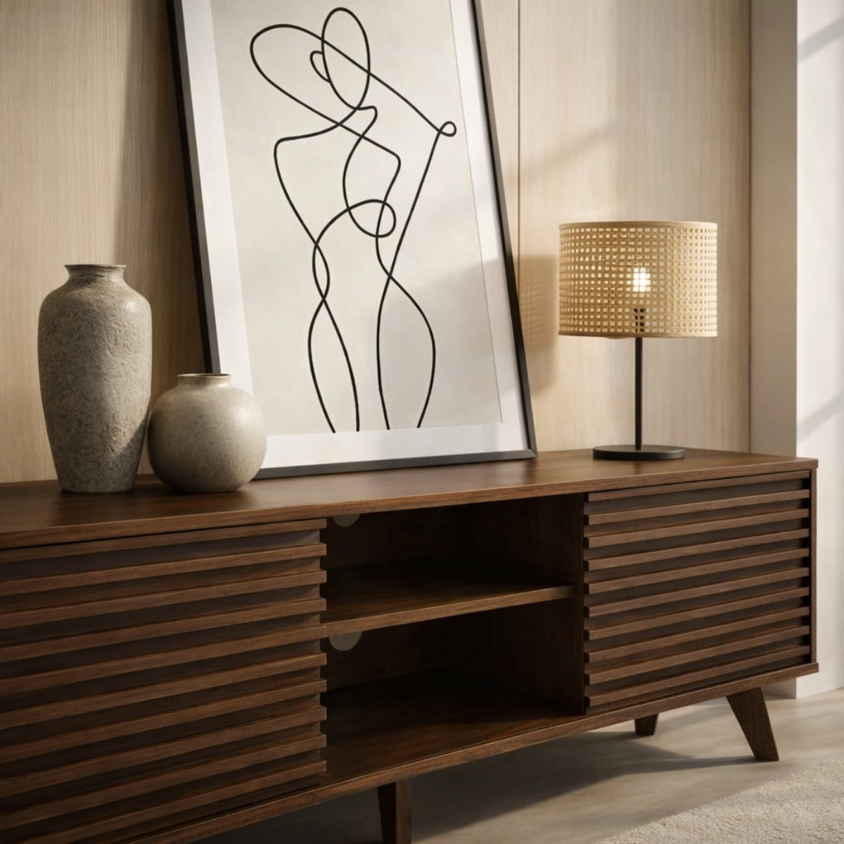 Friborg - Tv Unit Sliding Doors Grooved Wood Effect Fronts - Dark Wood