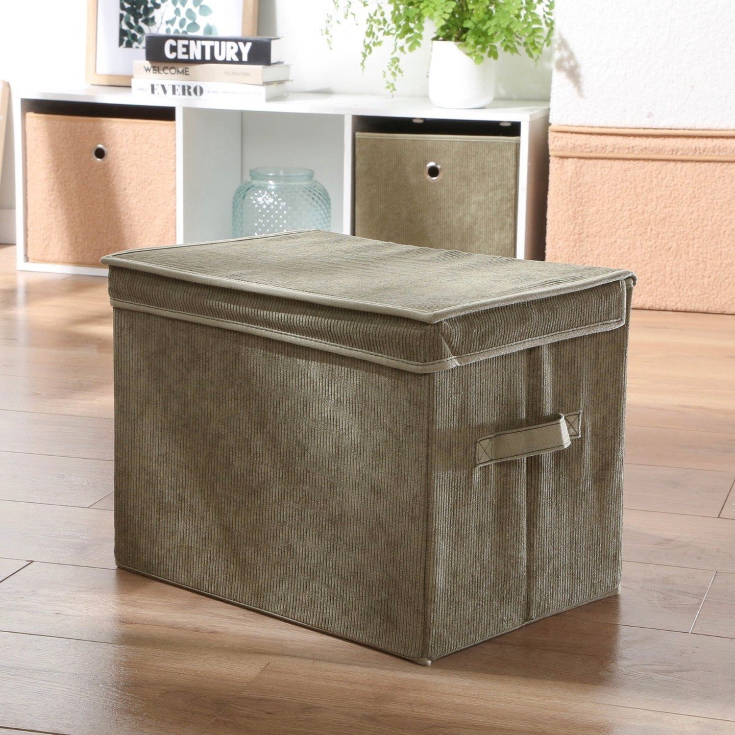Tall Storage Box with Lid, Corduroy Fabric, Khaki