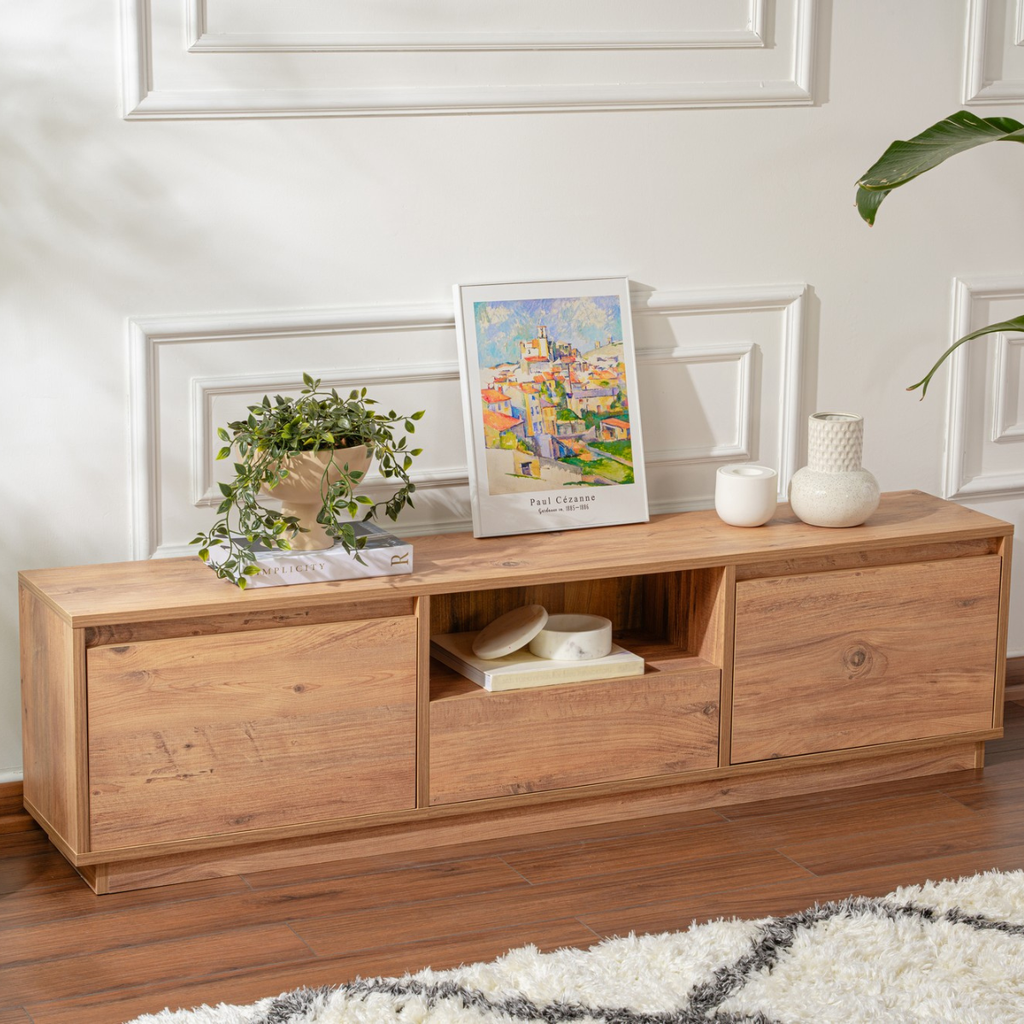 Vanguard - TV Unit with 3 Drop-Down Doors/1 Open Compartment - Atlantic Pine