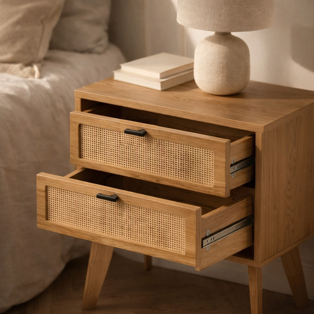 Alia - Chevet 2 Tiroirs - Bois & Rotin