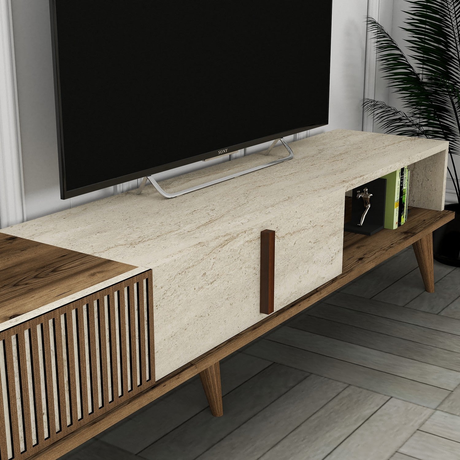 Meubles Tv Milan - Noyer / Travertin